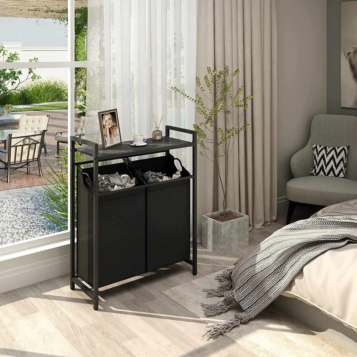 Double Laundry Hamper with Top Shelf, Two-Color Tall Laundry Basket with 2 Removable Laundry Sorter Bags