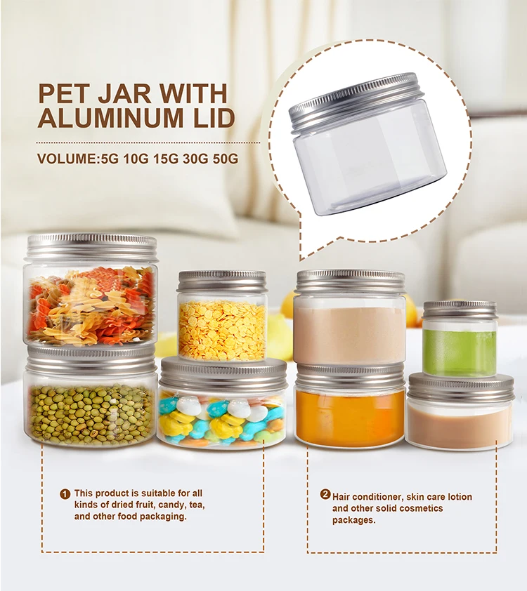 
factory direct sale PET plastic jar with silver top lid for food storage candy 