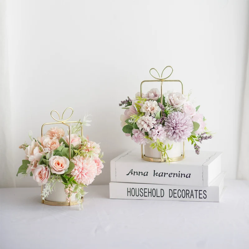 Artificial Flower Hanging Planter Pot Artificial Flower Set with Ceramic Golden Vase for Wedding Home Decor