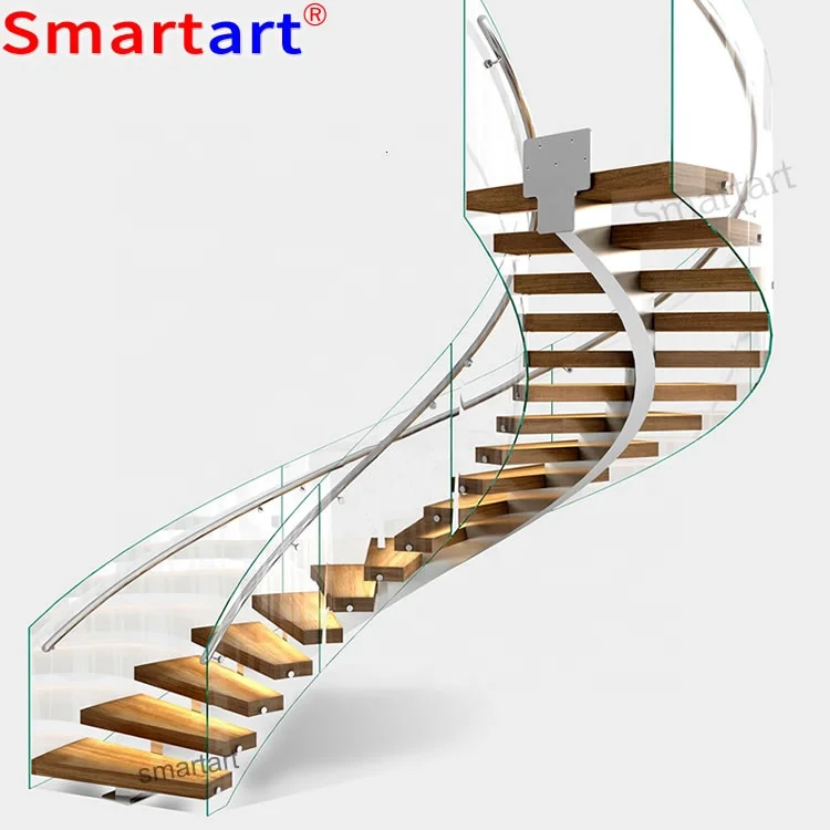 SmartArt 2022 Curved arc Spiral Stairs,Indoor Staircase,Luxury Modern Home Decoration Glass Stairs Wooden Stairs Made In China