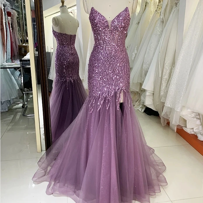 2024 green New embroidery sleeveless satin mermaid lace up back long prom evening women dresses wholesale