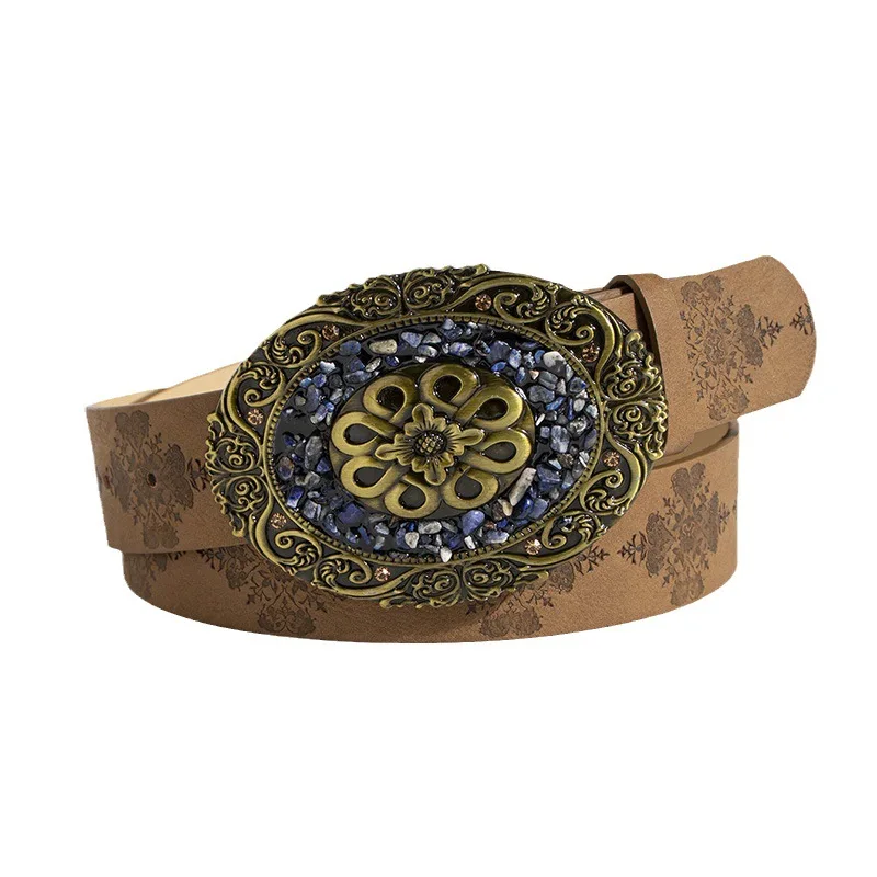 Rewin Vintage Medieval Western Style Cowboy Cowgirl  Vegan Leather Belts Turquoise Oval Buckle Embossed Waist Belts