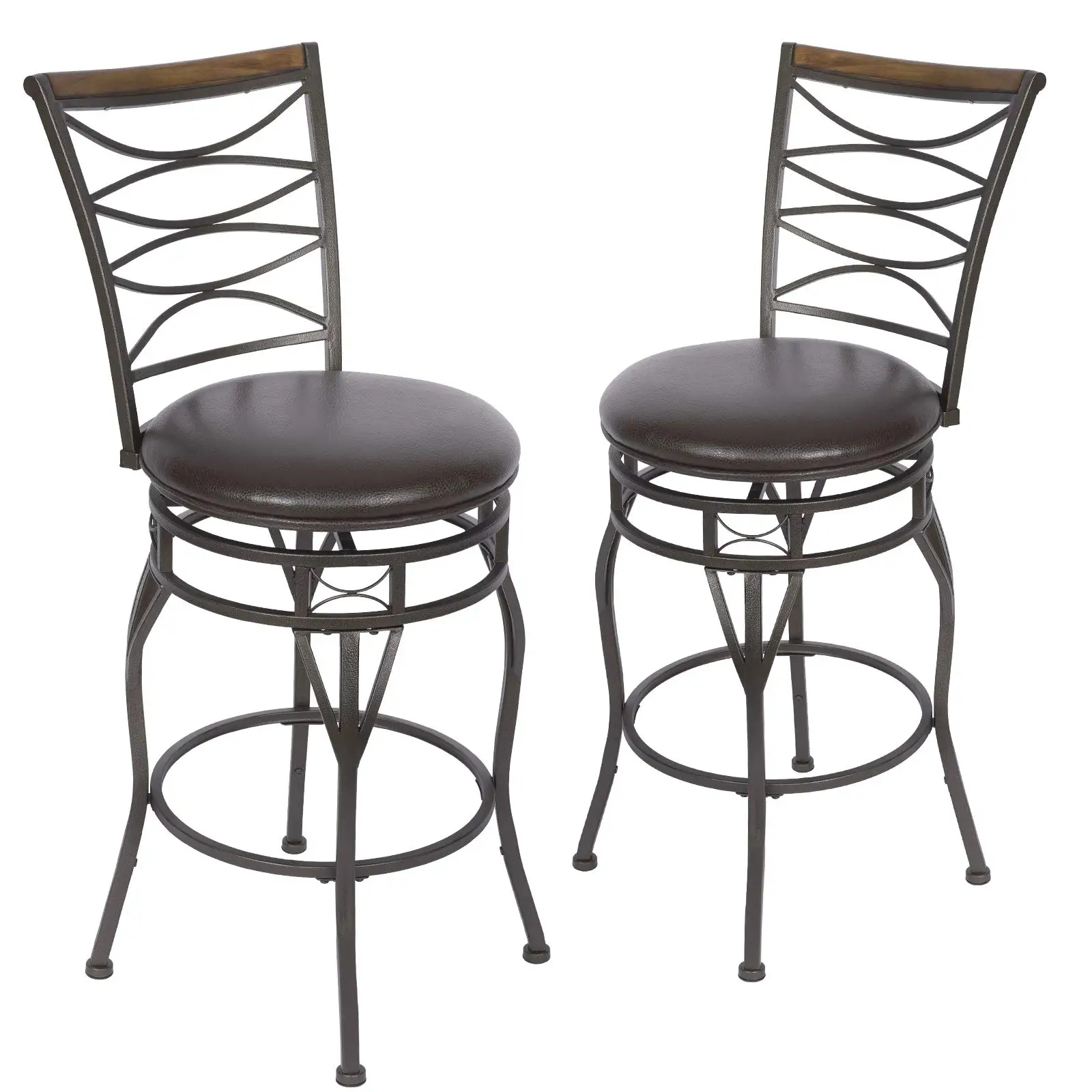 Vintage Adjustable Swivel Counter Height Industrial Black Metal Wooden PU Leather High Chair Bar Stool with Back