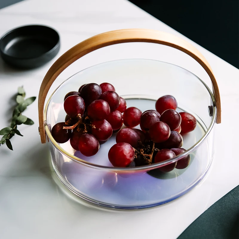 Wholesale Customized  OEM Tempered Ice Bucket Stackable Glass Fruit Storage Basket With Wooden Handle