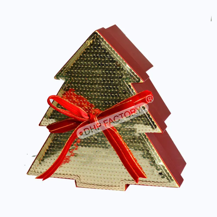 Custom Handmade Luxury Gold And Red Christmas Tree Shape Decoration Chocolate Dessert Candy Socks Gift Box Packaging With Ribbon