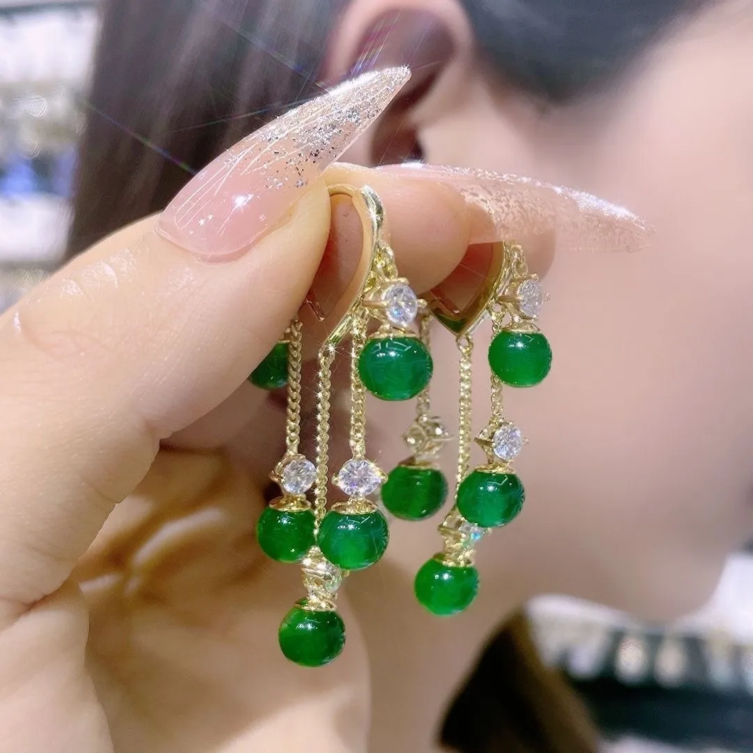 New Hot Selling Heart Tassel Earrings Dazzling Diamond Earrings Creative Emerald Opal Earrings