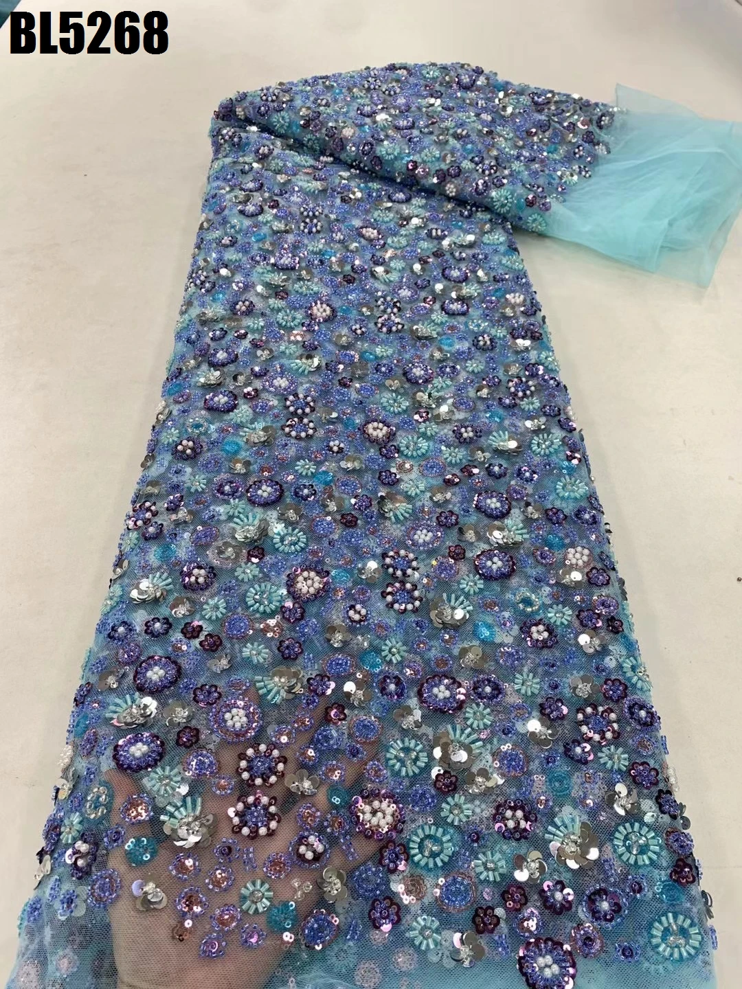 Hot selling United Arab Emirates Dubai Luxury lace fabric Beaded lace with sequins wedding dress embroidered fabric