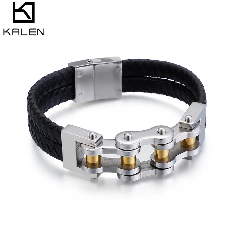 KALEN Bike Chain Men Bicycle Motorcycle Mens Braided Leather Bracelet