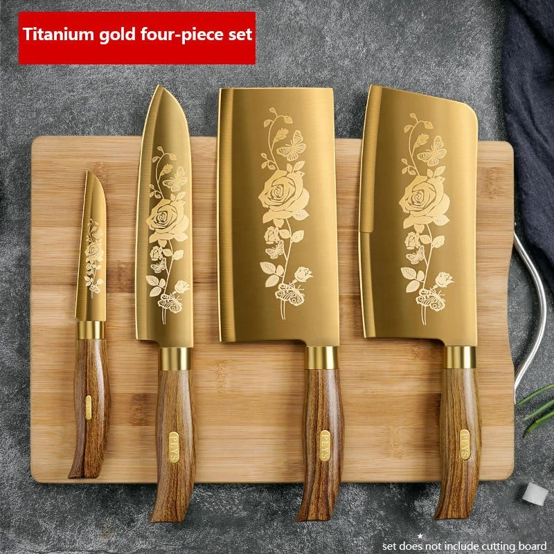 Wholesale Golden Kitchen Knife Set Stainless Steel Blade And Wood Grain Plastic Handle With Gold Titanium Coated Chef Knife Set