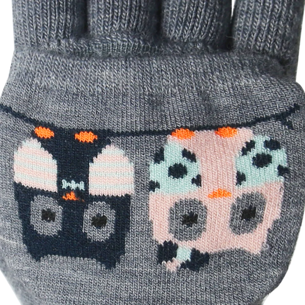 Jacquard Fingerless Knitted Animal Pattern Mittens Convertible Flip Top Cute Kids Winter Gloves with Flap Cover for Boys Girls
