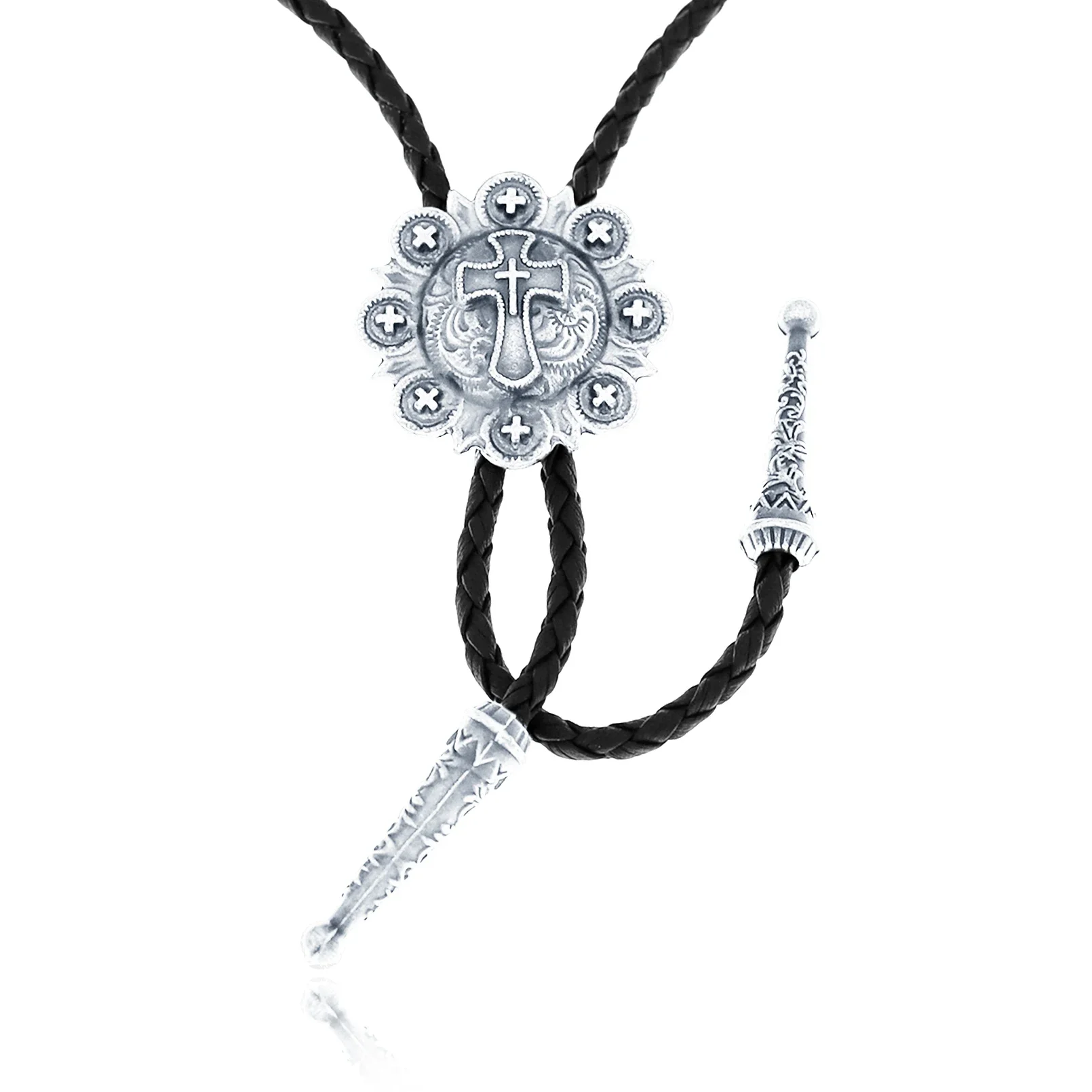 RechicGu Vintage Cross Star Bolo Tie Handmade Leather Necktie Adjustable Rodeo Necklace Western Cowboy Fashion Accessories Men