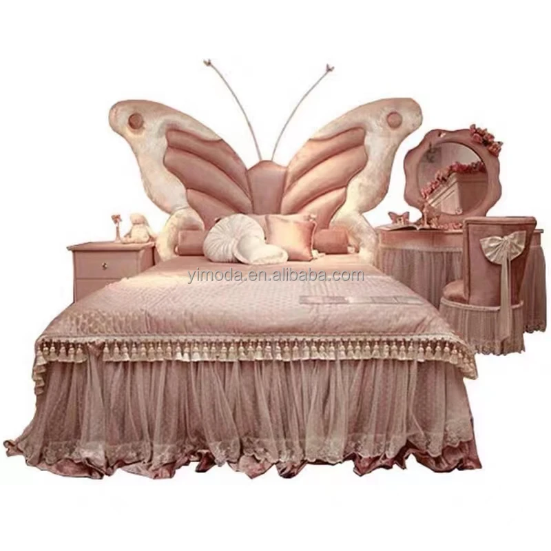 Top end Princess kid butterfly Bed Solid Wood Antique Hand Carved wooden Beds Luxury Palace princess pink Bed
