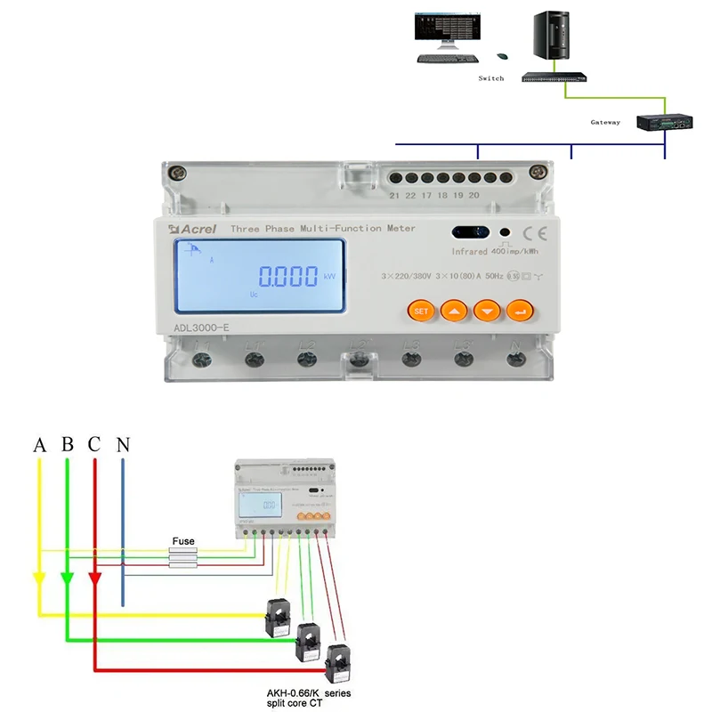 Acrel ADL3000 Three Phase DIN Rail Mounting Energy Meter LCD Display Voltage Power Factor Current Active Reactive Power smart