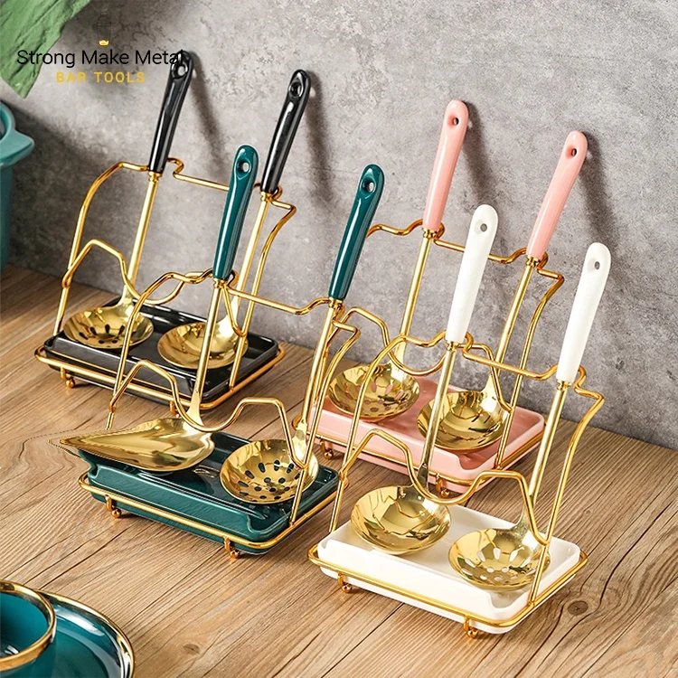 New arrival Gold stainless steel 304 Korean hot pot soup slotted spoon long handle large household Spoon rest with lid holder