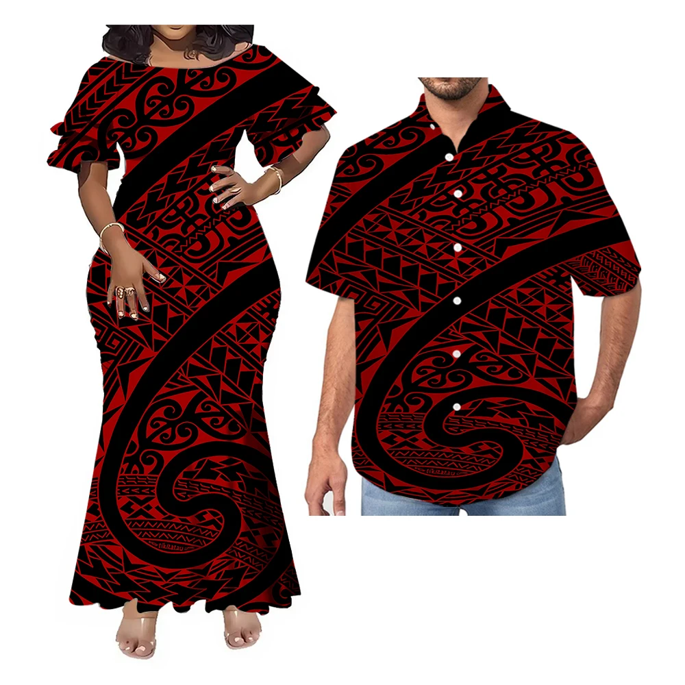 Wholesale Best Seller Polynesian Elei Tribal Design Custom Couple Clothes Mens Shirts Woman Double Cuff Fishtail Dress