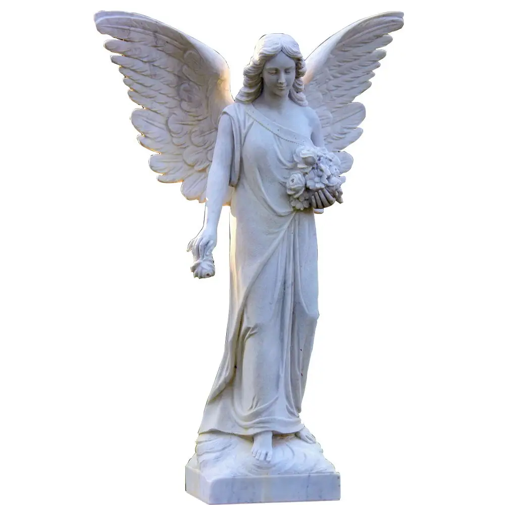 Life Size Outdoor Hand Carved White Marble Lady Angel Holding Flowers Angel Statue
