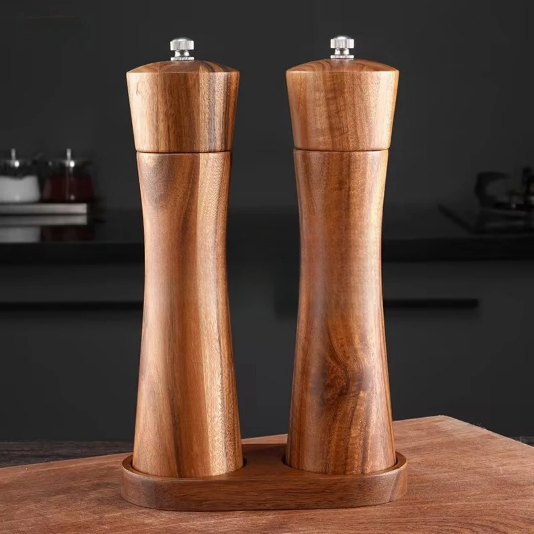 8' Salt and Pepper Grinders Set Acacia Wooden Shakers Ceramic Rotor with Strong Adjustable Coarseness for Kitchen Supplies