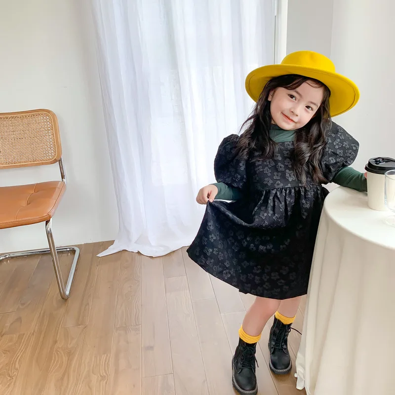 
2021 autumn wholesale kids clothing floral dress little girls black short sleeve plain floral print 