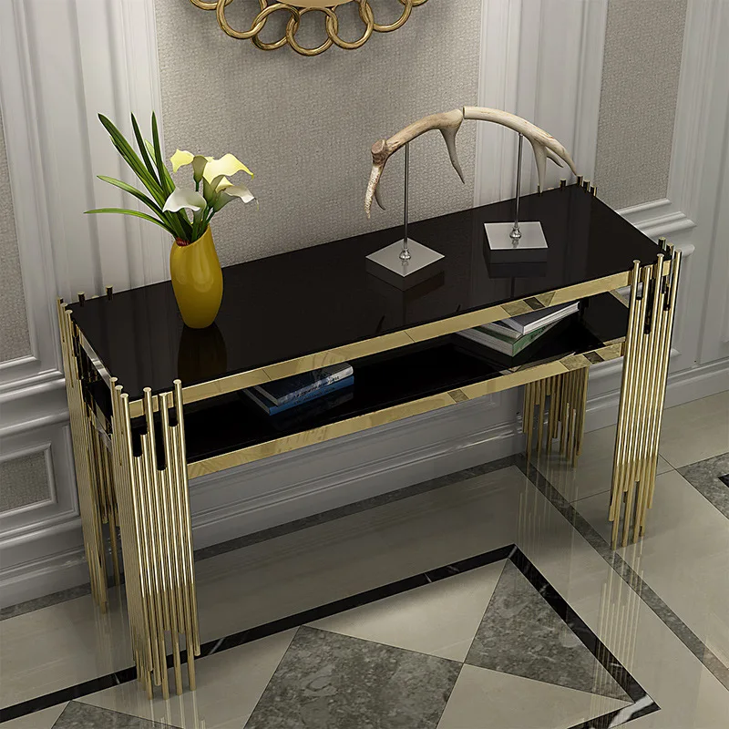 luxury Glass top golden stainless steel base hallway corner decorative living room console table furniture