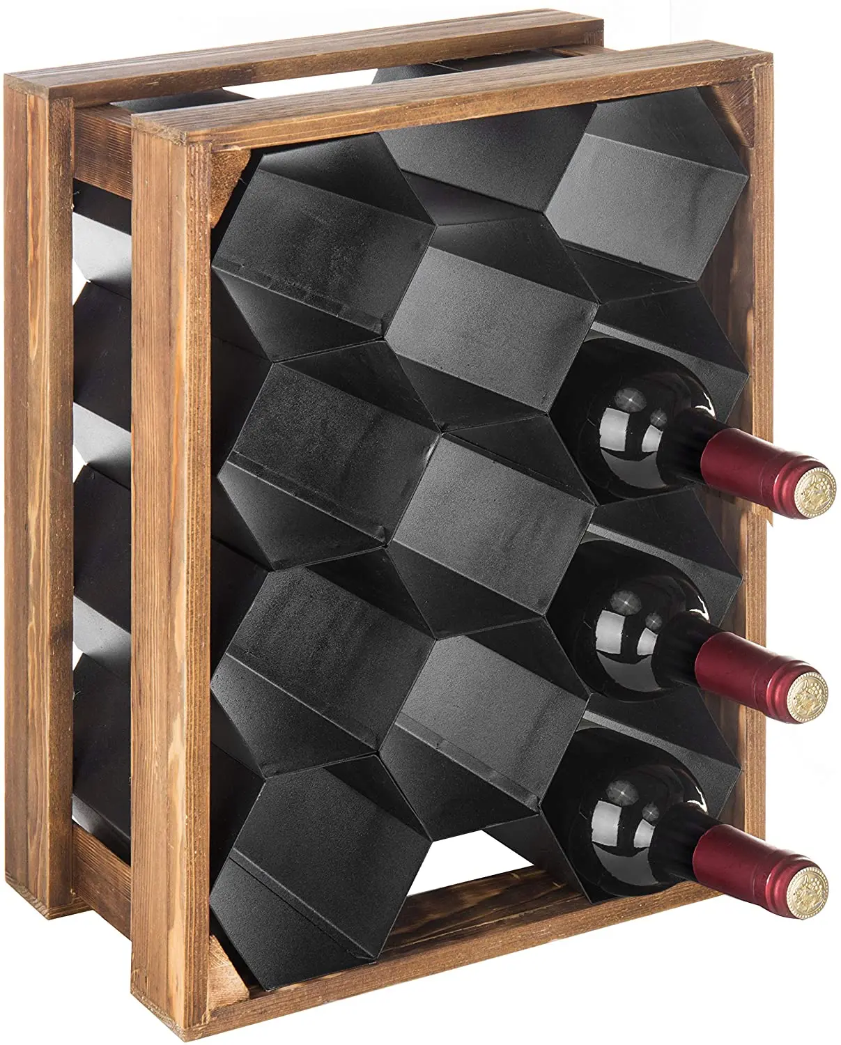 
11-Bottle Wood & Metal Countertop Honeycomb Design Wine Rack 