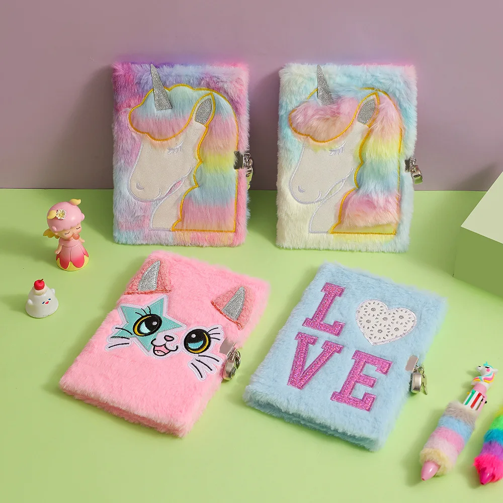 Factory Wholesale furry  notebooks plush cat pattern horse dairy book for students