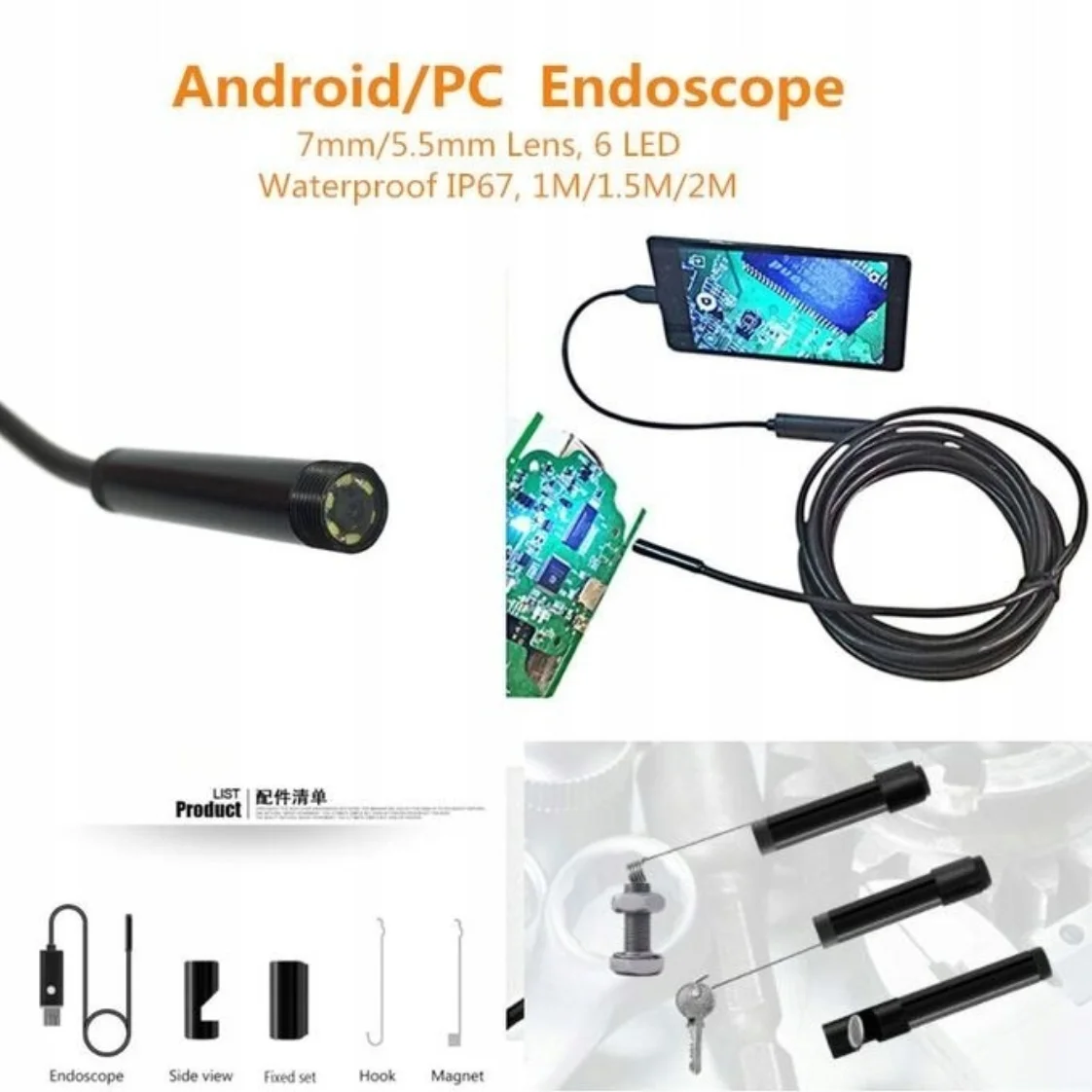 wholesale chain 5.5mm 1meter hard cable portable usb camera car inspect endoscope auto inspect android endoscope