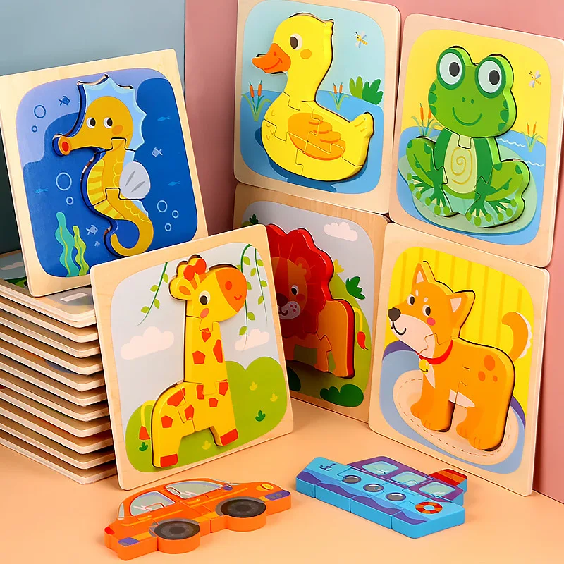 Kids Educational 3D Wooden Puzzles Cartoon Animal Wooden Jigsaw Puzzles Toys for Children Learning Kids Puzzles Toys
