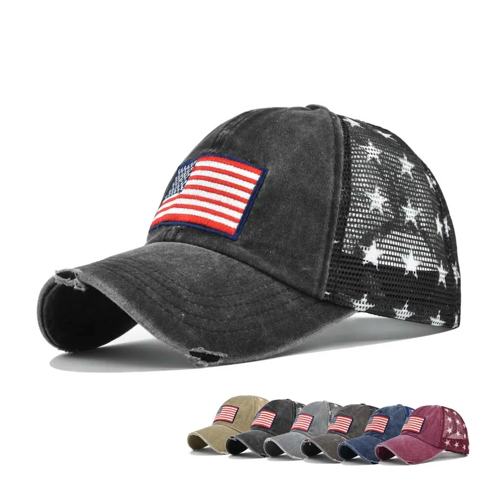 TSC Wholesale Washed Cotton Worn Out Distressed USA Flag Embroidery Patch 6 Panel Trucker Cap Mesh Sports Hat
