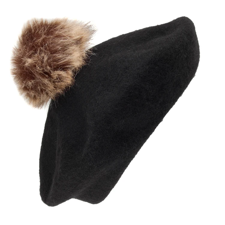 Wool Blend French Beret Girls Ball Hats Cap Custom Knit Beanie Winter Warm Beret Hat with Fur Pom Pom