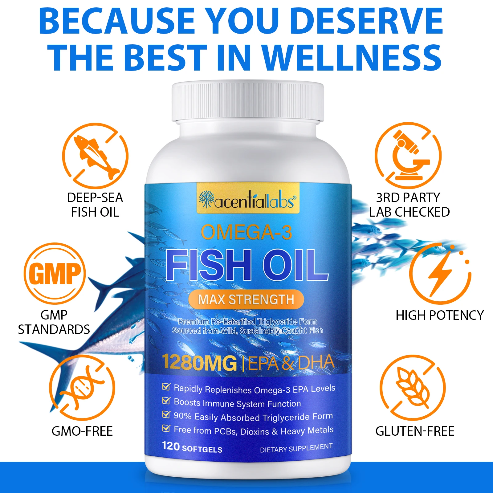 Acentiallabs Omega 3 Fish Oil Supplement 1280mg Enhances Immune System Fish Oil Softgel Capsules With EPA DHA For Men & Women