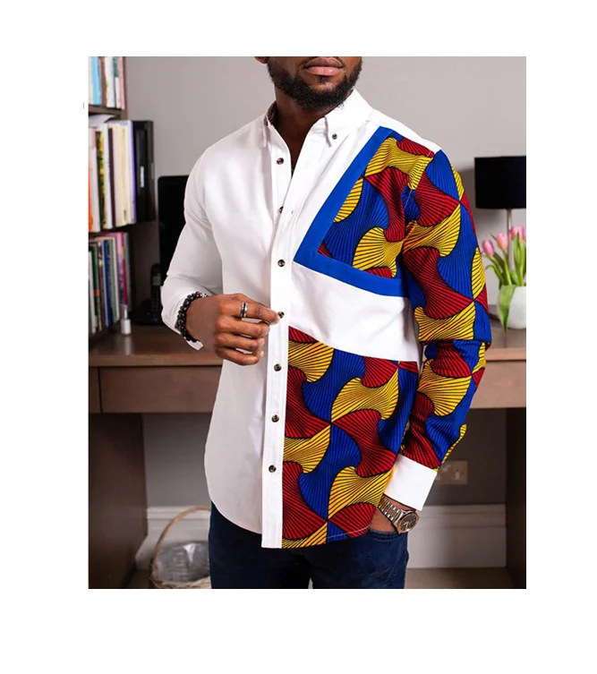 Fashion Men African Designed Print Long Sleeve Cotton Shirt For Mens Traditional Clothing With Wholesale Price
