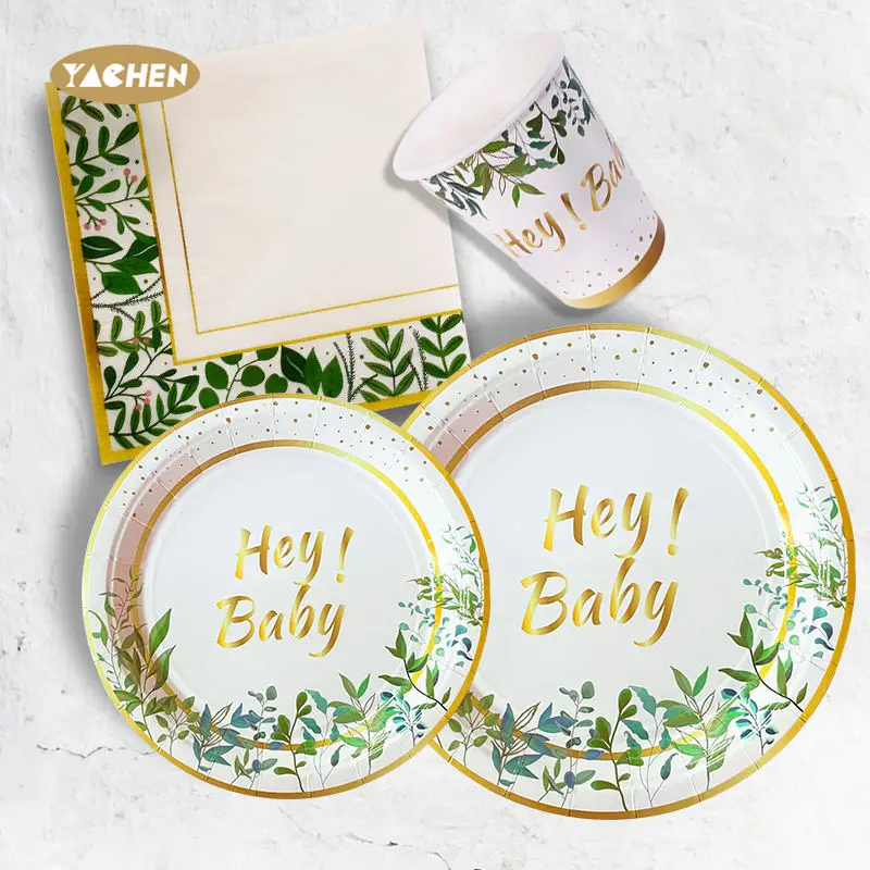 YACHEN Greenery Baby Shower Party Supplies Disposable Baby Birthday Party Tableware set Paper Plates Napkins Cups