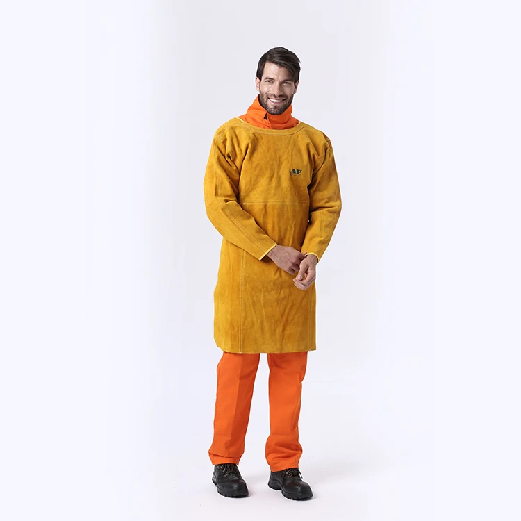 AP-6200 hot sale golden cowhide welding apron and fire resistant work apron in leather clothing for safety wear