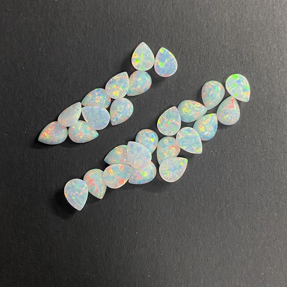 Flat Base Pear Shape White Synthetic Fire Opal Cabochon Gemstone for Earring Jewelry
