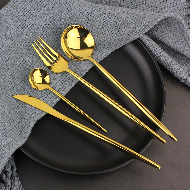 
Hot Sale Mirror Polishing Gold Plated 304 Stainless Steel Wedding Cutlery Table Spoon Fork Knife Flatware Set for Hotel 