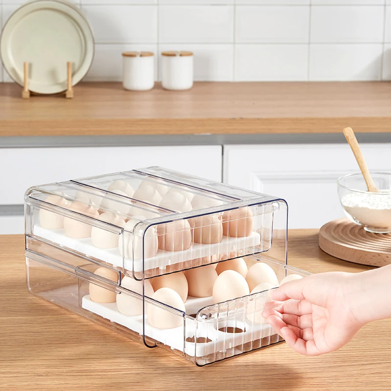 Bpa Free Two Layers Egg Container Custom Clear Plastic Fridge Storage Drawer Refrigerator Organizer Pull Out with Lids For Egg