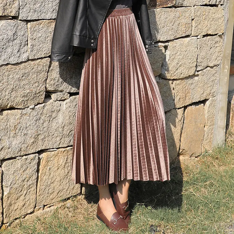 
Gold Velvet Skirt Mid-Length Female Clothes Summer Pleated Skirt High-Waisted Thin a-Line Skirts Women Long 