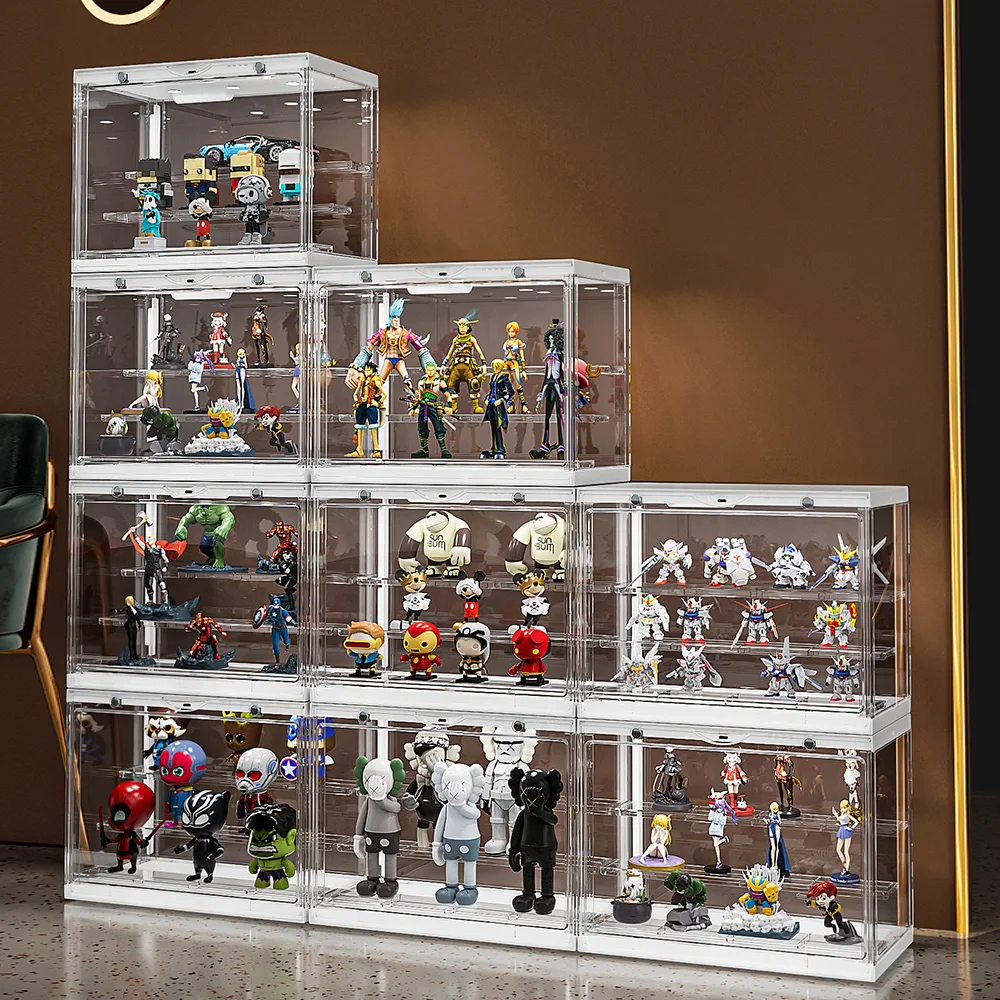 Lighting Clear Acrylic Display Case for Lego Minifigure, Action Figure with Shelf Collectibles Storage Assemble Showcase