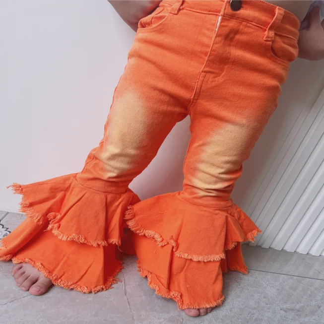 New Hot Sale Stylish Fall Winter Kids Denim Pumpkin Color Double Flared Bells Baby Girl Pumpkin Dual Ruffler Jeans Bells