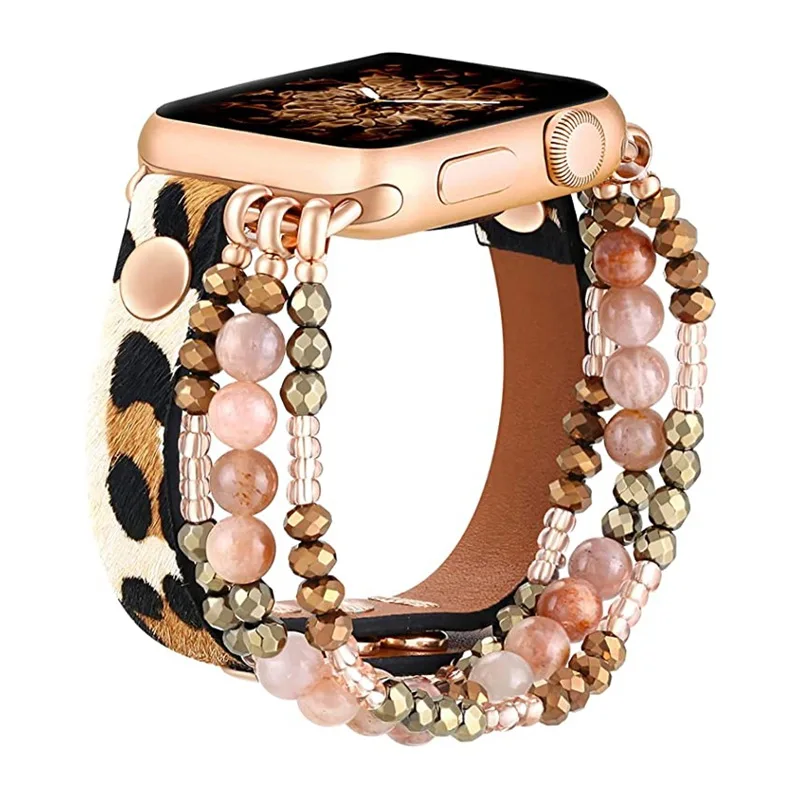 Hot Selling Luxury Crystal Glasses Beads Bracelet For Apple Watch Band 40/44 mm,Leopard Leather Smart Strap for Apple Watch 7654
