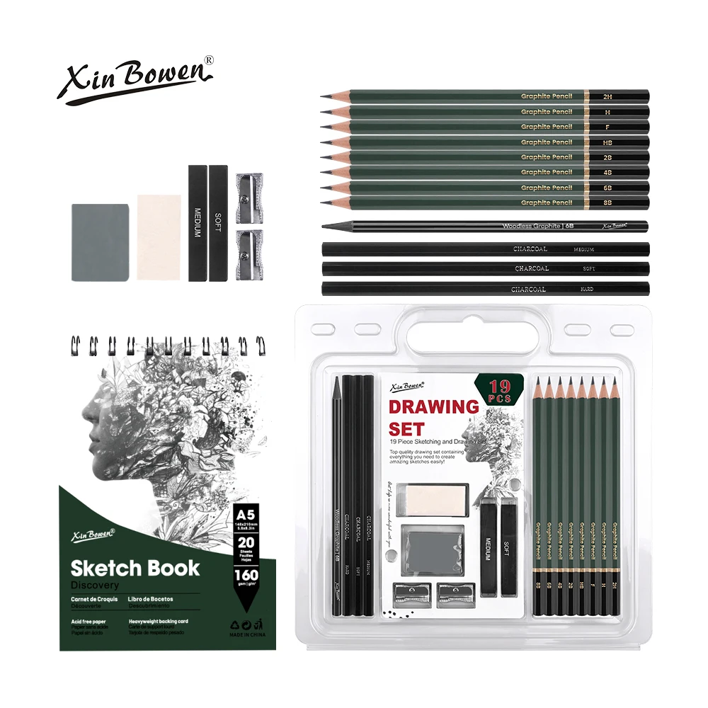Xin Bowen Sketching Drawing Kit 19PCS Drawing Set Professional Sketching Charcoal Graphite Pencil Sharpener Art Sketch Pencil