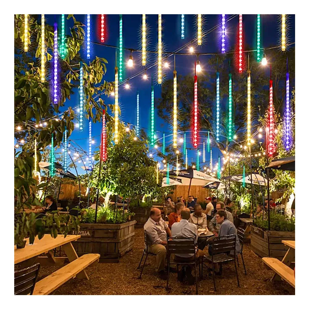 Solar Star Falling Rain Lights Christmas Curtains Meteor Fairy Lights Garden Icicle Round Tube String Lights
