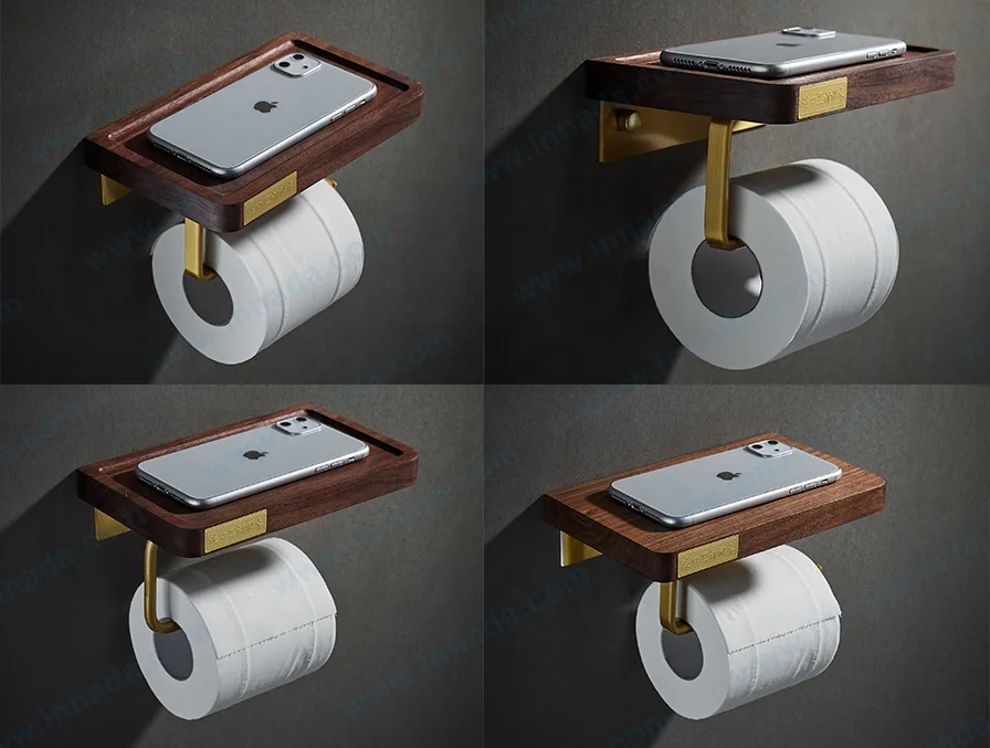 MC005-B1 Wall Mounted Imported Walnut Brushed Gold finishing Wooden toilet Tissue Paper Holder with shelf