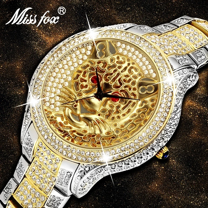 Часы наручные Miss Fox V199 Мужские кварцевые брендовые Роскошные часы с тигром повседневные Оригинальные серебристые и золотистые