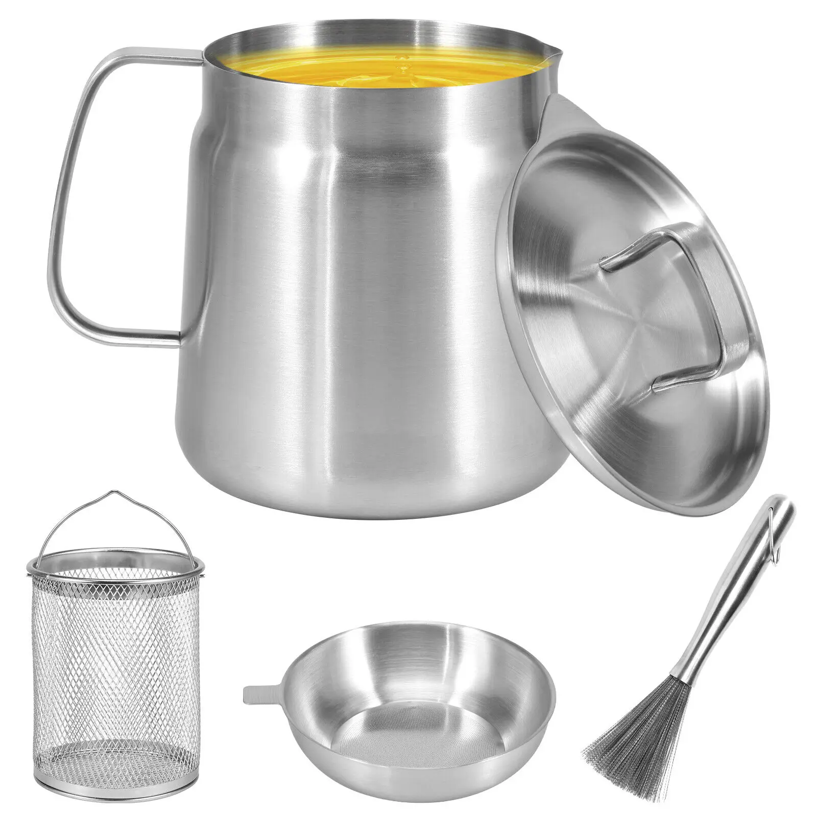 Oil Filter Pot with Strainer and Frying Basket 304 Stainless Steel Oil Strainer with brush