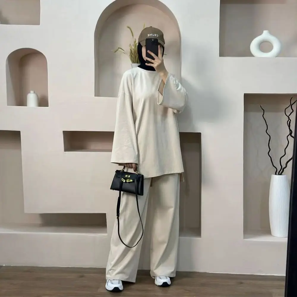 Winter Autumn Cotton Co Ords with Pants Pockets Modest Solid Color Muslim Women Islamic Clothing Wholesale Set Stock Abaya