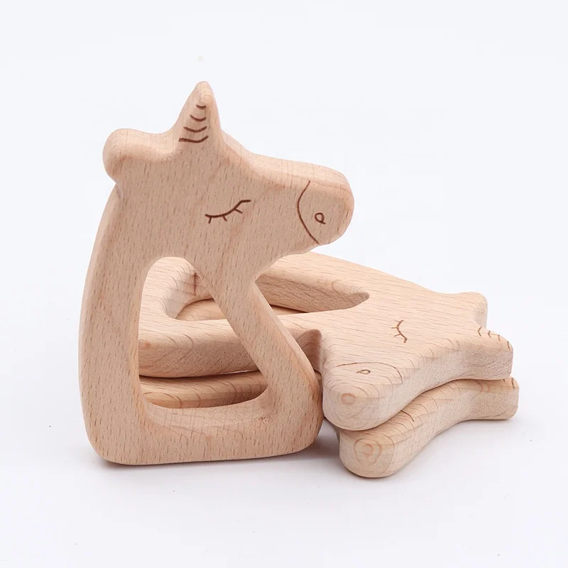 High Quality Diy Jewelry laser engraving Beech Animal Horse Baby Teether Toy Animal wooden teething toy