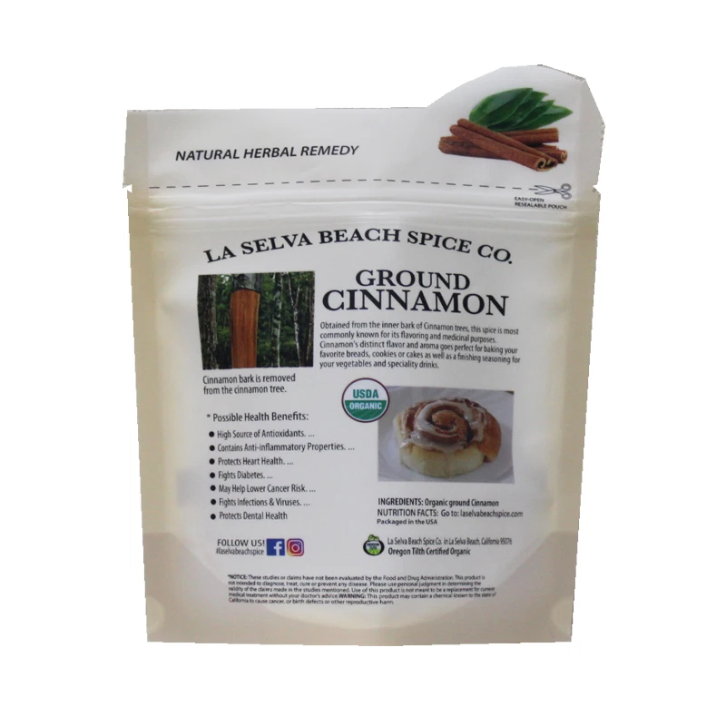 Spot UV Plastic Resealable Stand Up Pouch Ziplock Organic Spices Packaging Bags