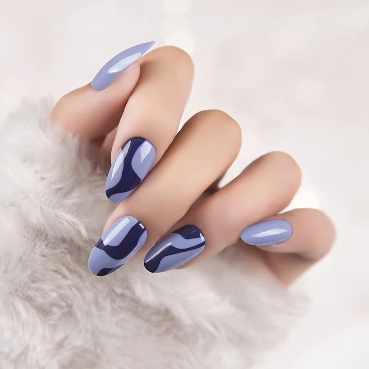 good quality wholesale manufacture dark blu cow nude design oval round shapes press on artificial fingernails