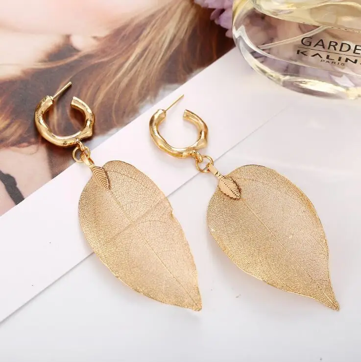 wholesale latest fashion dangle earrings gold plated earrings leaf drop hoop earrings for women statement jewelry